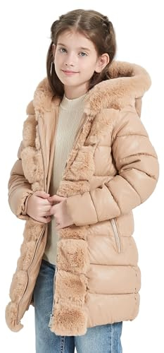 Giolshon 2024 Winter Girls Faux Leather long Puffer caot Fleece Lining padded jacket with fur Hood 12105 Khaki 10/12