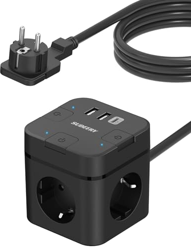 Steckdosenwürfel mit USB C, 3 Fach Mehrfachsteckdose Cube Flachstecker mit Einzeln Schaltbar, Steckdosenleiste mit 2m Kabel, 1 Typ-C USB Mehrfachstecker für Büro Hause Reisen (Schwarz)