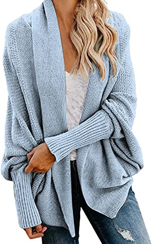 EMUKFD Cardigan en tricot épais et large pour femme - Long ouvert sur le devant - Style décontracté - Pull en tricot épais drapé - Mode manches chauve-souris - Vêtement d'extérieur en tricot torsadé