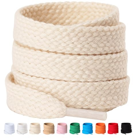 Olukssck 2 Pares 12 mm de Cordones Planos de 100% Algodón, Duradero Cordones Anchos para Zapatos Deportivas y Botas, Ivory, 140cm