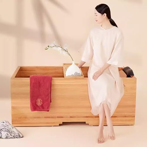 MegLob Freestanding Wooden Bathtub Kit, Japanese Style Deep Soaking Tub for Couples with Bath Tray, Rectangular Shape Classic Soaker with Pop-Up Drain, SPA Hotel Free Standing Bathtub,170cm/66.93in
