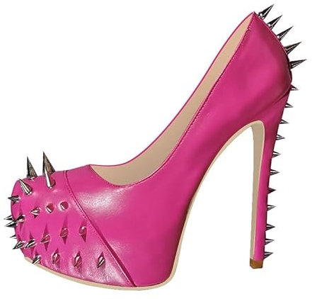 blingqueen Stiletto High Heels Runde Zehen Pumps Plateau Damenschuhe Slip on Punk Stil mit Nieten Pink 38 EU