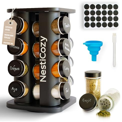 NestiCozy Especiero giratorio 360 organizador cocina negro compacto con 16 tarros cristal herméticos etiquetas reutilizables ahorro espacio encimera elegante moderno rotación práctica orden especias