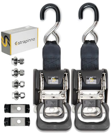 Strapinno 2PCS Stainless Steel Retractable Ratchet Straps (1 7/8 in x 4 ft) Transom Tie Downs for Boat Trailer - Extra Mounting Brackets & Bolt Set, Break Strength 1,650LB (Stainless Steel Hook)