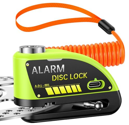 HAPYTHDA Motorrad Scheibenbremsenschloss wiederaufladbare Motorradschlösser Anti-Diebstahl mit 120dB Alarm,7mm Lock Pin Motorrad Bremse Helm Roller Radschloss, wasserdicht 5.9FT Reminder Kabel, Grün