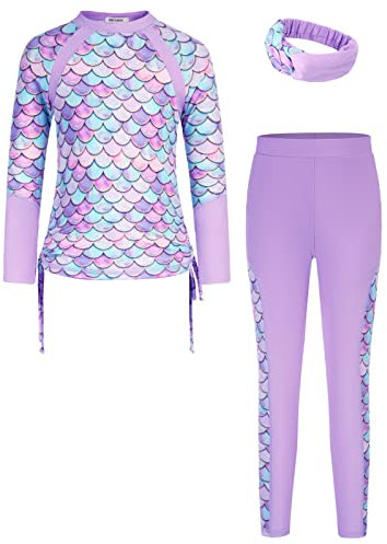 GRACE KARIN Mädchen Rashguard-Set Langarm Sonnenschutz Badeanzug 2-teilig Sommer Swimwear Top Hose Strandkleidung Lila Meerjungfrau 10-12 Jahre