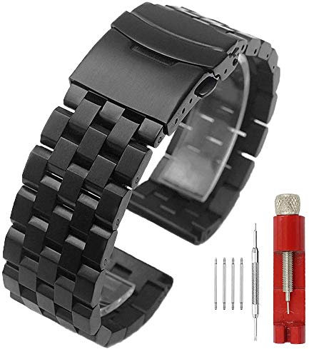 Kai Tian 24mm Schwarz Prämie Armbanduhr Matt 5 Reihen Doppelschlösser Edelstahl Uhrenarmband Ersatz Metall Band für Damen Herren Armband