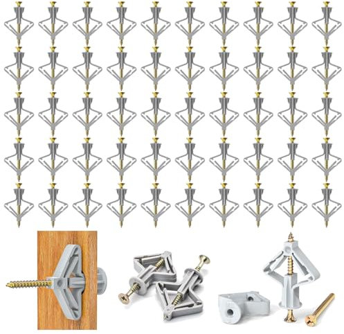 Lot de 50 chevilles papillon pour corps creux, chevilles pour placoplâtre, chevilles pour placoplâtre avec vis, chevilles pour placoplâtre et plaques de plâtre (50 chevilles, 50 vis)