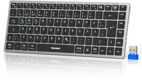 TECKNET Bluetooth Tastatur Kabellos Funktastatur - Freies Wechseln Zwischen 4 Geräten (2,4G+BT), Wiederaufladbare Kabellose Tastatur, Deutsches Layout QWERTZ Ultraslim für PC, Laptop, Tablet, Smart-TV