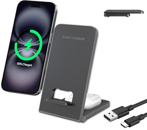 Cargador inalámbrico plegable 2 en 1, estación de carga inductiva Qi para iPhone 16, 15, 14, 13, 12, 11, Samsung Galaxy S25 Ultra S24 S23 S22 S21 S20 Google Pixel 9 Pro 8 7 AirPods 4/3