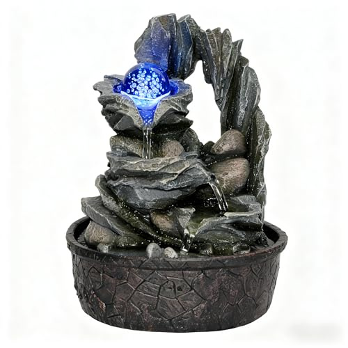 GIDITA Three Bowls with Rotating Ball Flowing Tabletop Fountain Home Décor Indoor Decor Waterfall Sound Zen Mini Fountain Multicolor LED Light