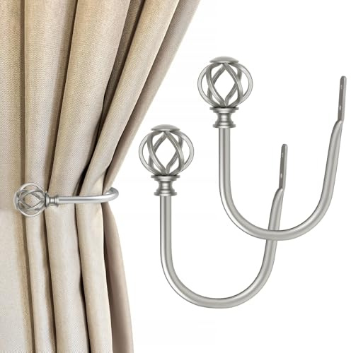 2 Pack Curtain Holdbacks, USFOOK Decorative Window Drapery Tiebacks (2 Pack/1 Pair), Curtain Tie Back Hooks for Wall with Antique Silver Twisted Cage Finials (3.45 L x 5.35 W)