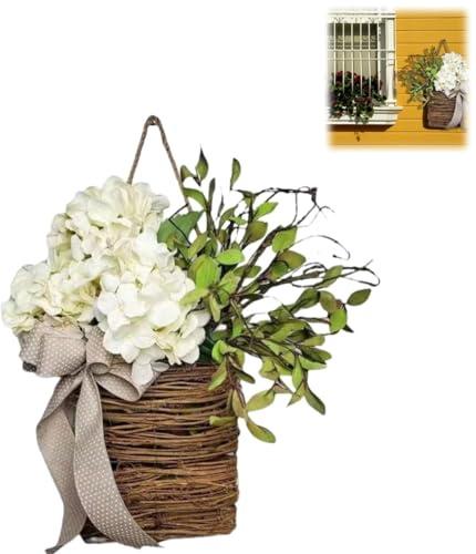 Ghirlanda per cesto porta d'ingresso, Ghirlanda per cesto porta con ortensie da appendere, Ghirlanda per cesto porta con fiori selvatici da appendere, Ghirlanda per porta d'ingresso, Cesto da