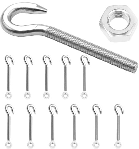 CVASNF 12 ganci a vite M6, 304 viti a gancio e 12 dadi esagonali, ganci a vite in acciaio inox, con filettatura, articolo di sospensione per amache, tende da sole