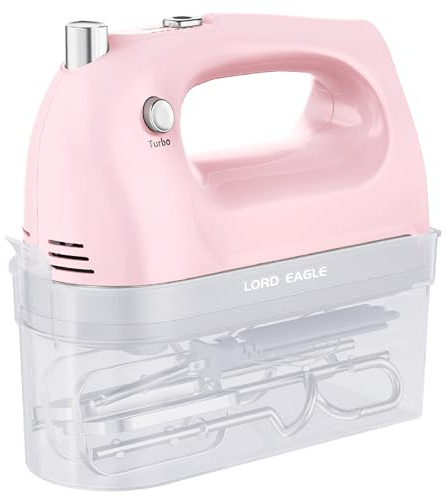 Lord Eagle Hand Mixer Electric Whisk, 400W Power Handheld Mixer for Baking Cake Egg Cream Food Beater, Turbo Boost/Self-Control Speed + 5 Speed + Eject Button + 5 Accessories, Pink