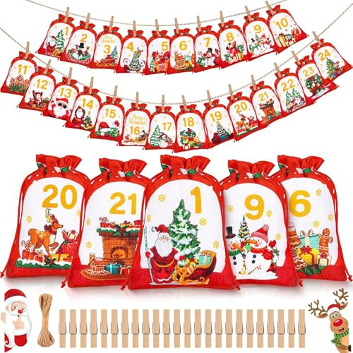 Calendario Adviento para Rellenar Vacio Tela 2025 Niños Hombre Mujer, 18 x 13 cm Calendario de Adviento para Rellenar DIY 24 Bolsas de Yute, Calendarios de Adviento para Navidad Decoración