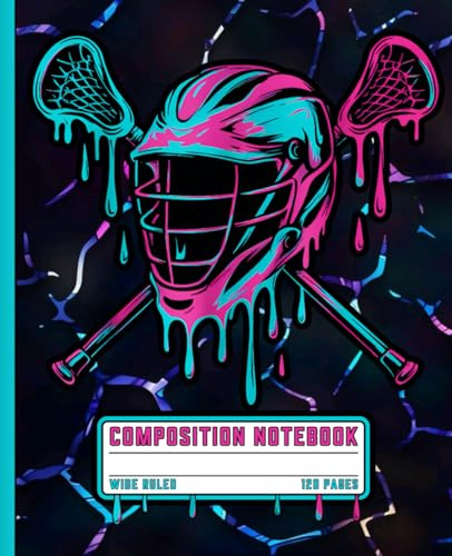 Composition Notebook: Neon Drip Lacrosse Helmet and Sticks, Wide Ruled Sports Exercise Book For Boys, Teens, Kids, Students, School and College Writing Notes