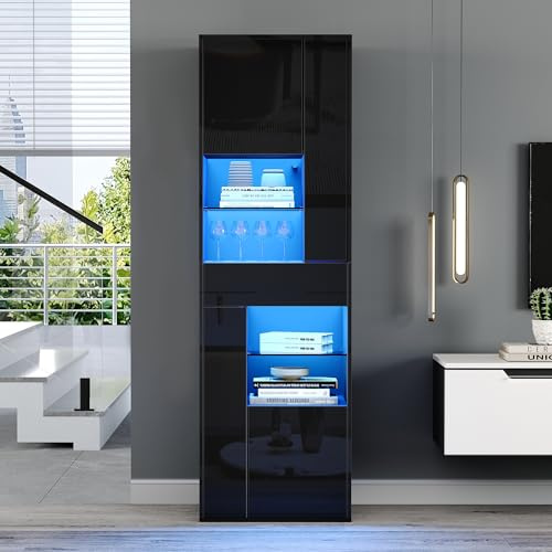 Vitrina de venta, 55 x 38 x 170 cm, armario alto con 1 cajón y 4 armarios, vitrina de cristal con LED, diseño brillante, armarios de salón, vitrinas (negro)