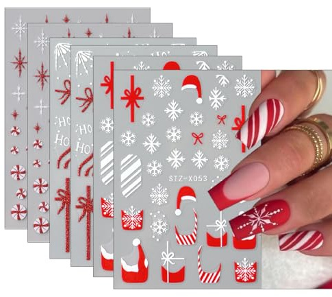 6 Sheets Christmas 5D Glitter Nail Art Stickers - Self-Adhesive Santa Hat Snowflake Stripe Xmas Nail Decals, Festive Nail Art Supplies & Decoration Accessories for Christmas Party DIY Manicure