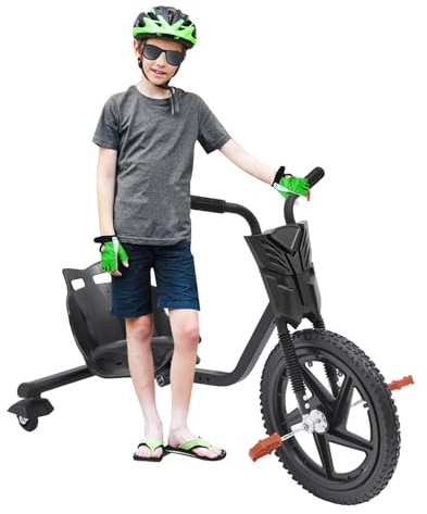 Drift Trike Dreirad für Kinder ab 6 Jahre: Drift Scooter Laufräder mit Schalensitz | Verstellbare Länge, 40cm Gummivorderrad, Bis 80kg Belastbar | Für Drifting, Tricks & Outdoor Spaß (Schwarz)