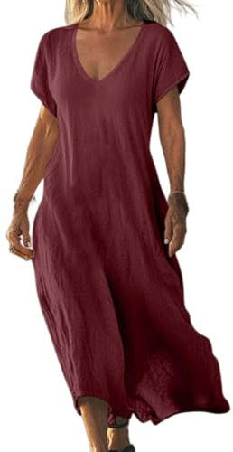 Dam Sommar Strandklänning Bomull Kortärmad V-ringning Långa Maxi Klänningar Bekväma Blommiga Strandsemester Outfits, Vinröd, XL