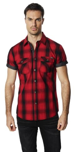 Koroshi Camisa Hombre Manga Corta Cuadros Algodón Bolsillos