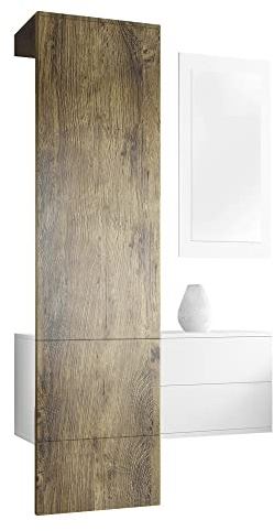 Vladon Carlton Hallway Set 2, Hallway Storage Set with 1 Coat Rack Panel, 1 Chest of Drawers and 1 Wall-Mounted Mirror, White matt/oak ribbeck (105 x 193 x 35 cm)