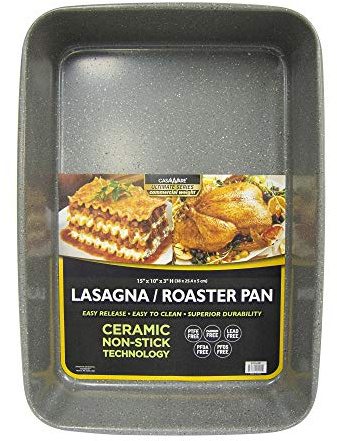 casaWare 15 x 10 x 3-Inch Ultimate Series Commercial Weight Ceramic Coated Non-Stick Lasagna/Roasting Pan (Silver Granite)