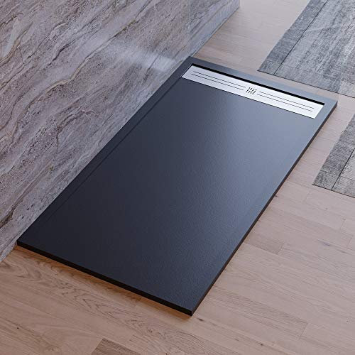 Plato de ducha negro, diseño moderno, modelo Malaga, de mármol y resina con efecto piedra pizarra, luxury, gelcoat, slim 3 cm (80 x 180)