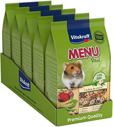VITAKRAFT - Nourriture Hamster Menu Vital - Alimentation Complète Pour Hamster À Base d'Ingrédients Naturels - Recette Spéciale Anti-Odeurs - Lot de 5 Sachets Fraîcheur De 800 g