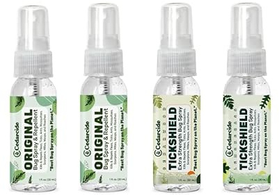 Cedarcide Original & Tickshield Family Pack | Natural Cedar & Lemongrass Oil Bug Spray | Eco-Friendly, Family-Safe Flea & Tick Repellent | Pack of 4, 1oz Spritzers