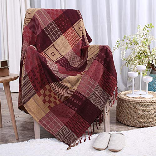 ele ELEOPTION Chenille Throw Blanket, Jacquard Tassels Throw Blanket Sofa Chair Cover Decorative for Bed Couch Soft Chair, Folk Tribal Pattern (Red Grid, 150 x 190 CM)