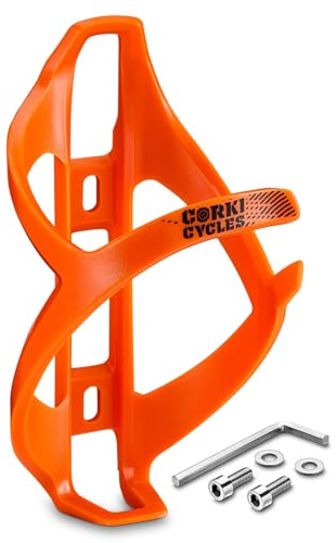 corki Cycles Bike Water Bottle Holder Right Side Load Water Bottle Cage for Road, MTB, Gravel Bicycle Vibrant Orange 1-Pack