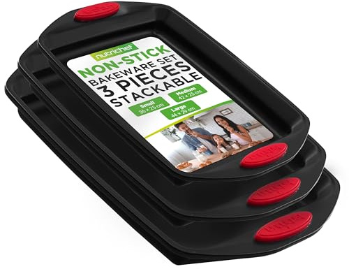 Nutrichef bandejas horno, Set de 3, Antiadherentes, Libres de PFOA/PFOS/PTFE, Duraderas, Asas de silicona