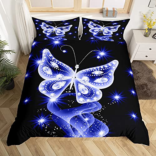 Loussiesd Butterfly Bedding Set Galaxy Bedclothes King Kids Boys Girls Teens Dreamy Diamond Feather Print Duvet Cover Set Sparkle Black Blue Decor Microfiber Bedclothes 3 Pieces