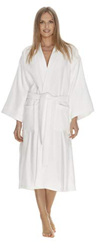Womens Terry Cloth Bathrobe by Boca Terry, Cotton Spa Robes, Plush White Hotel Bath Robe, (Small-Medium)