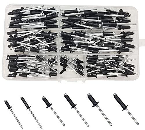 WeqeYent 200 remaches ciegos de aleación de aluminio M5/M4/M3.2, kit surtido de remaches pop, 6 tamaños para construcción de componentes de metal, madera y plástico (negro)