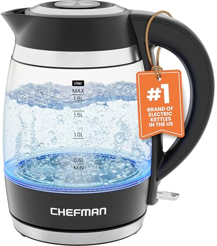 Chefman Electric Kettle, 1.8L 1500W, Hot Water Boiler, Removable Lid for Easy Cleaning, Auto Shut Off, Boil-Dry Protection, Stainless Steel Filter, BPA Free, Borosilicate Glass Electric Tea Kettle