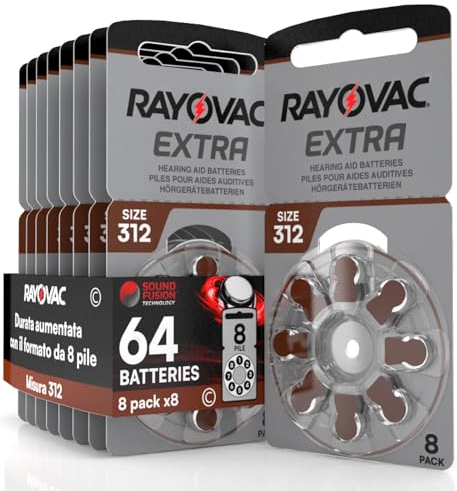 64 Batteries pour appareils auditifs Rayovac Extra Size 312-8 Blister de 8 Piles