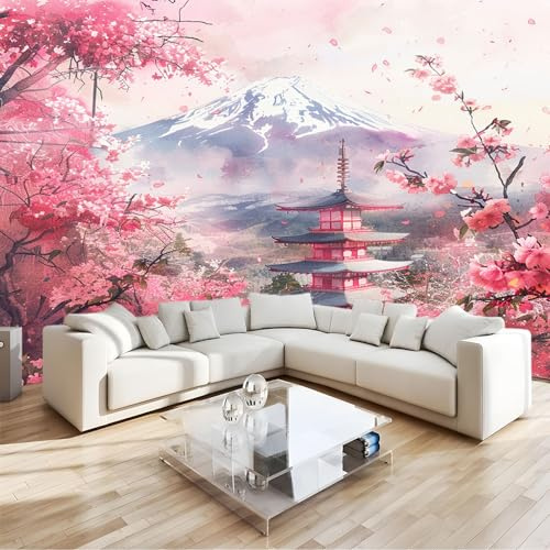 Papier Peint Panoramique 350 x 256 cm Fleurs de cerisier de montagnes de style japonais Papier Peint intissé Poster Tableaux Muraux Tapisserie Photo Trompe l'oeil pour Chambre Salon Décoration Murale