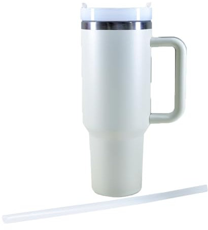 Kögler 13121 - Taza térmica con Pajita y asa, 1200 ml, Taza Aislante de Doble Pared de Acero Inoxidable y plástico, Taza de café Reutilizable de Color Blanco cáscara de Huevo