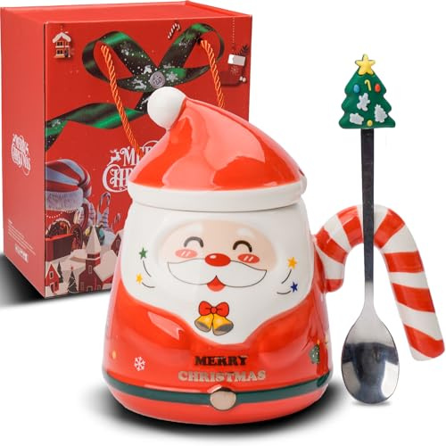 ZONSUSE Tazza Babbo Natale,Divertente Tazza di Natale,Tazza Colazione Natalizia,3D tazze natalizie,con Manico a Bastoncini di Zucchero e Cucchiaio per Albero Natale,Idee Regalo Natale 400ml (A-Rosso)