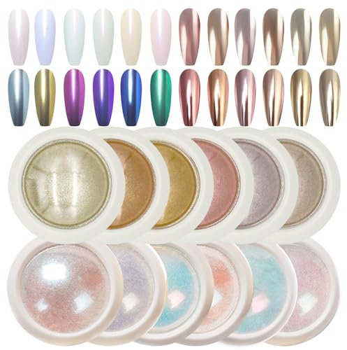 GZMAYUEN 12Pcs Rose Gold Chrome Nail Powder Weiß Pearl Effect Crome Nagelpuder Nail Art Set, Spiegel Effekt Chrome Pigmente für Nägel, Glazed Donut Glitzerpuder Nagelkunst Pulver für Nails DIY Salon