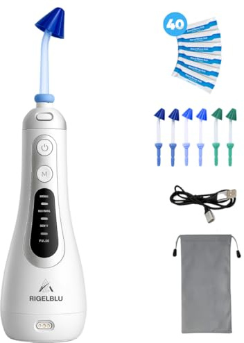 RIGELBLU Cordless Nasal Irrigator Electric Sinus Rinse Kit with 3 Pressure Modes, 6 Tips & 40 Salt Packs for Congestion Relief, Gift for Mom, Dad & Friends