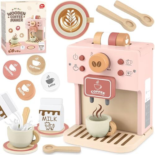 Airlab Kinderküche Kaffeemaschine Kinder Holz, Spielküche Zubehör Kaffeeservice Spielset, Küchengeräte Kaffeeset Kinder Spielzeug, Pädagogisches Holzspielzeug Rollenspiel Geschenk für Kleinkind, Rosa