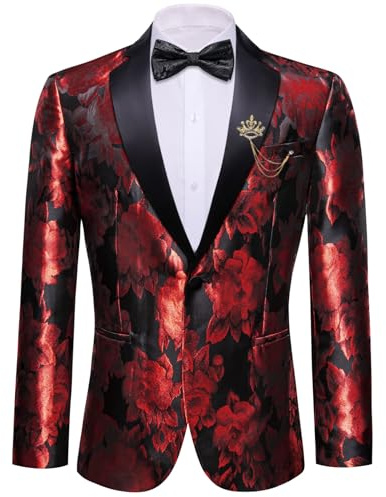 Barry.Wang Blazer de esmoquin para hombre, chaqueta de lujo con bordado de cachemira, chaqueta casual con solapa de un botón, abrigo de negocios para boda, negro/rojo, L