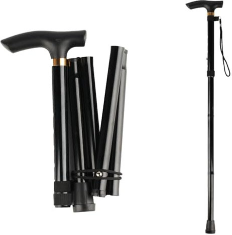 Bastone da passeggio pieghevole da donna, bastone pieghevole per uomo, nero, resistente, telescopico regolabile da 85 a 95 cm, per anziani, impugnatura ergonomica ed estensibile