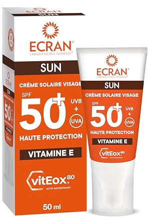 ECRAN® - Crème Solaire Visage - Haute Protection - Technologie vitEox80 - Vitamine E - Protection UVA, UVB, Lumière Bleue, Coups de Soleil - Protection Solaire SPF 50+ - Bronzage Naturel - Anti Âge