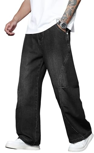 QGRSWBC Men's Baggy Jeans Wide Leg Hip Hop Pants Vintage Loose Fit Trousers Streetwear Black Grey S