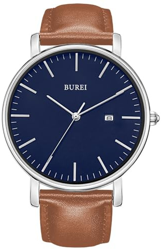 BUREI Ultra Dünne Uhren Herren Analoges Datum Armbanduhr Herren mit Japanisches Quarzwerk, Geschenke für Männer (Silber, Leder)